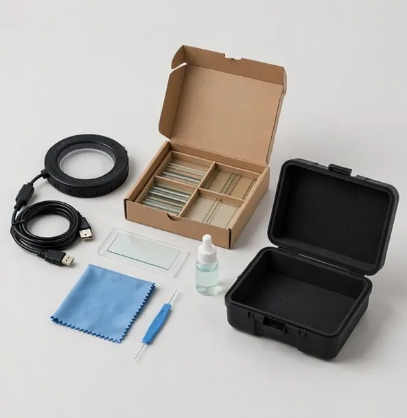 Microscope accessories flat lay with ring light, slides, cleaning kit and case