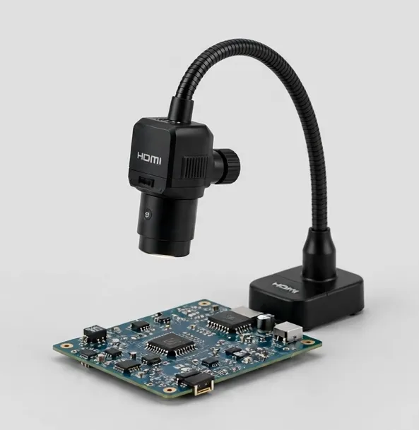 HDMI microscope camera on a flex arm above a phone circuit board