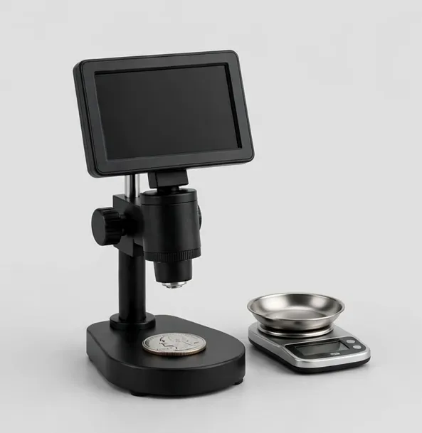 MicroHub CoinView 7" Coin Microscope with Precision Scale — See it and weigh it: 7-inch coin microscope with a 0.001 g bench scale in the box