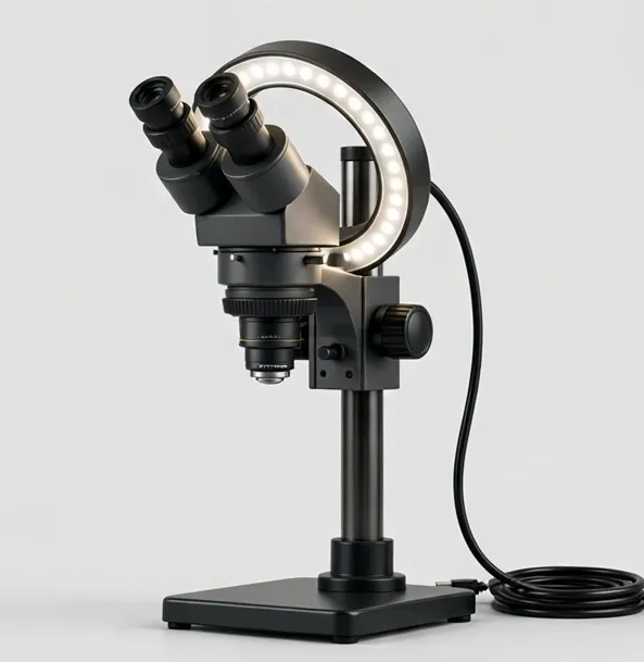Industrial inspection microscope with segmented ring light on a post stand