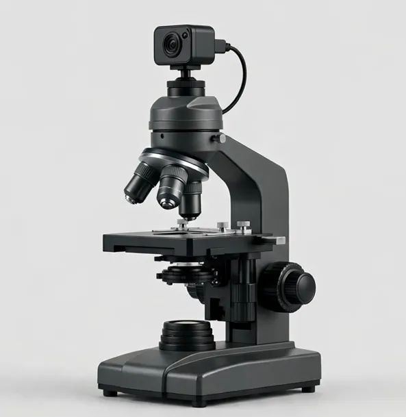 Trinocular compound microscope with a camera mounted on top