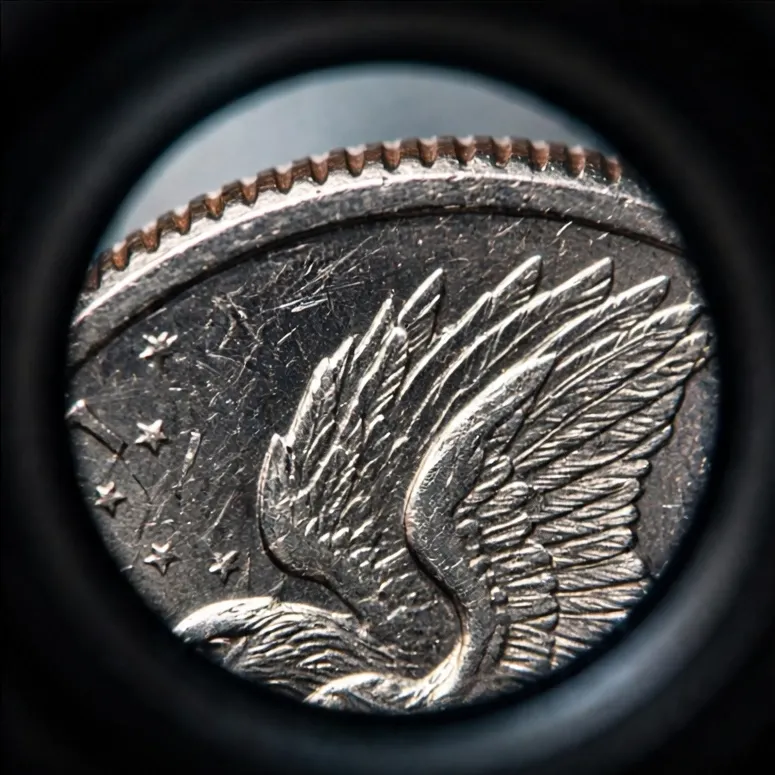 Close-up of a coin seen through a microscope showing engraved detail