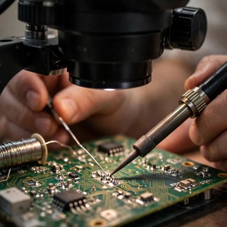 Hands soldering a printed circuit board under a microscope