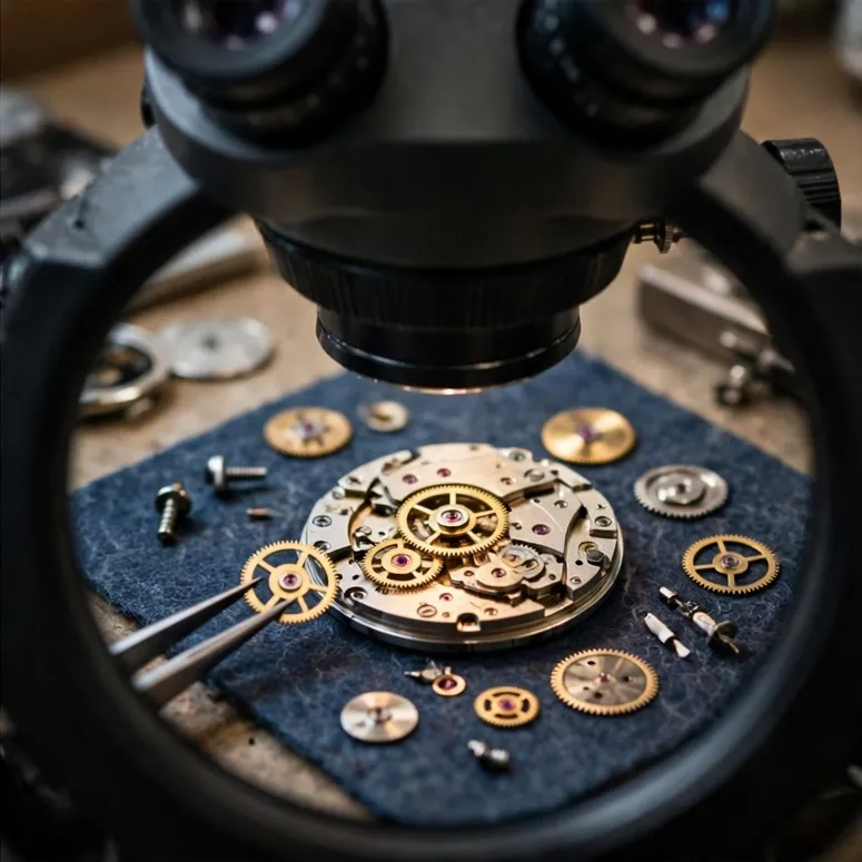 Watch movement and gears under a stereo microscope on a jeweler bench