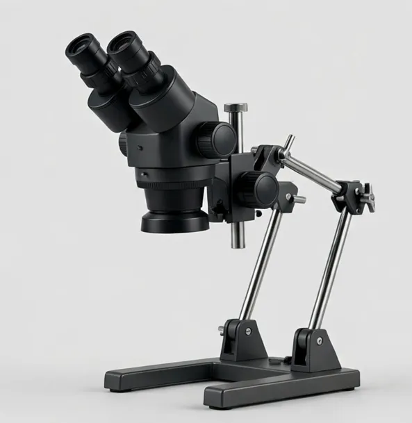 MicroHub ZoomStereo 7x–45x Stereo Microscope on Boom Stand — True stereo depth for inspection and repair — continuous 7x–45x zoom on a boom arm